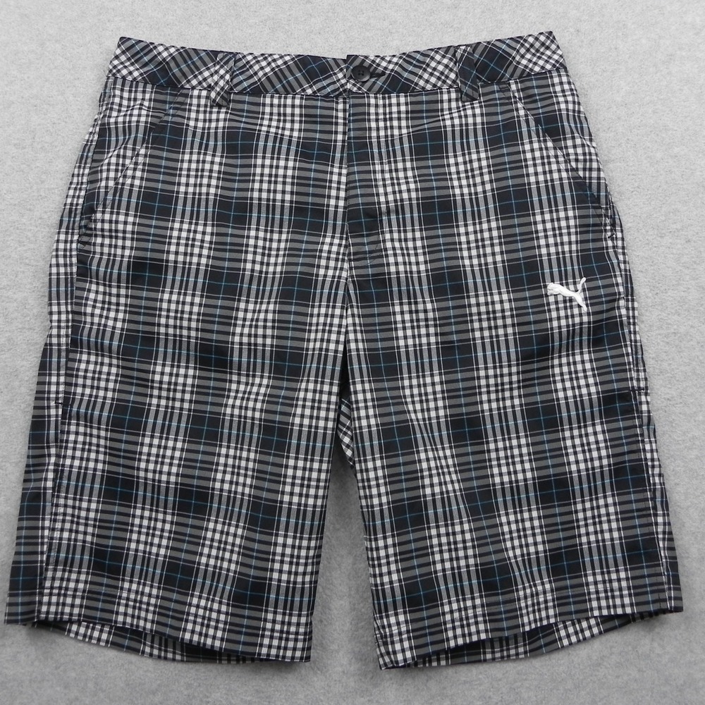 Puma Shorts Mens 32 Bermuda Length Chino Golf Casual Flex Flat Front Black Plaid